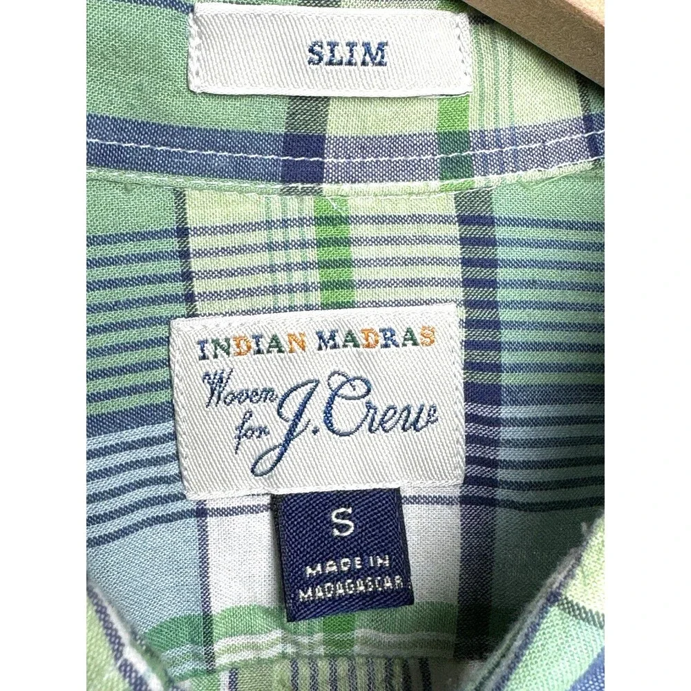 J‎ Crew Indian Madras Shirt Mens Small Green Plaid Slim Fit Cotton Button Front